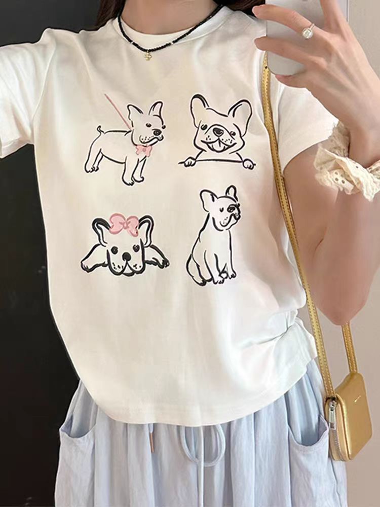 Printed front shoulder short-sleeved T-shirt for women in summer new niche American pure cotton slim T-shirt top
