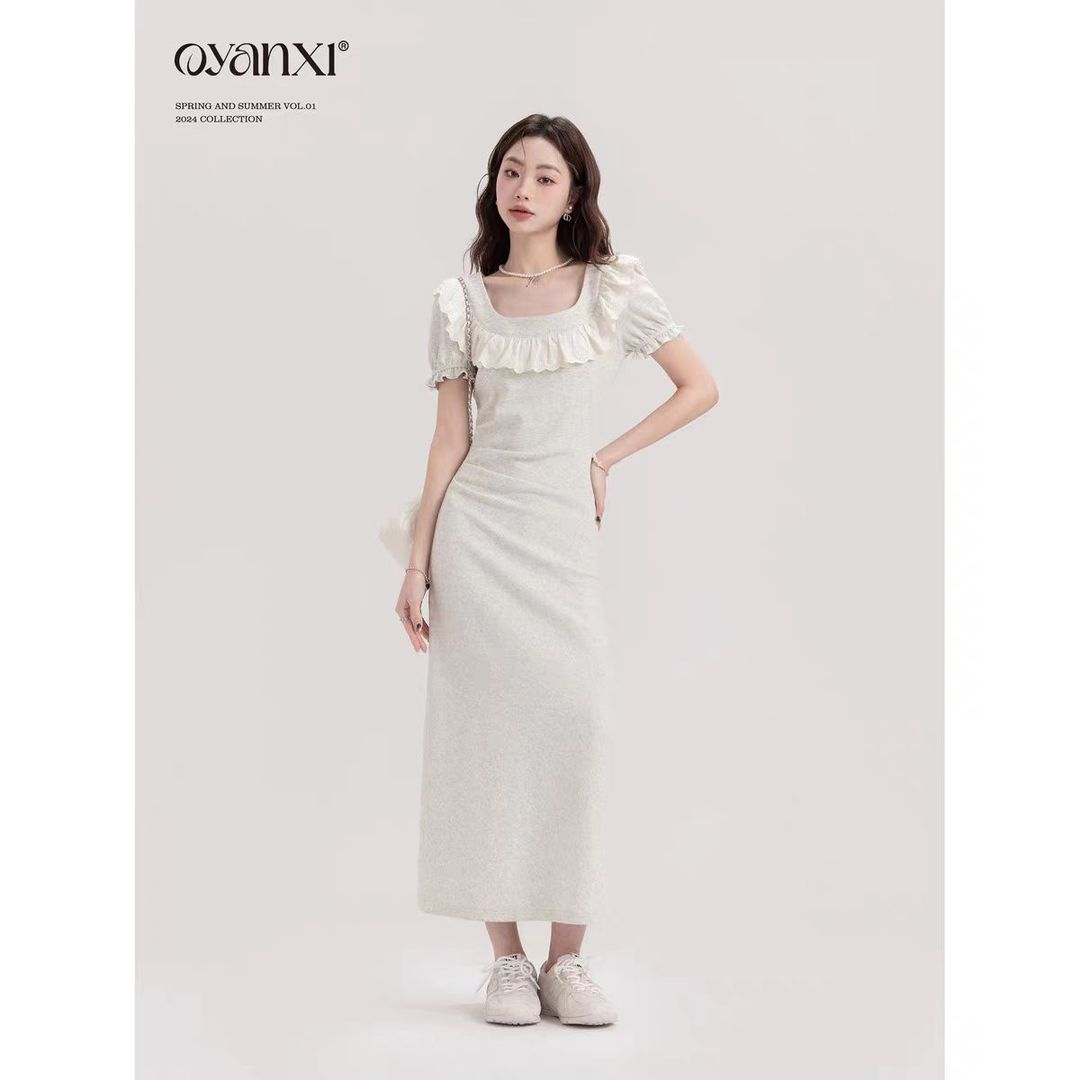 French lace lace gray square neck short sleeve long dress for women in spring and summer new waist-hugging short skirt