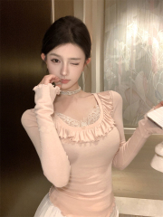 Real shot of lace air-felt fake two-piece tops with waist-hugging and slim long-sleeved T-shirt base shirt