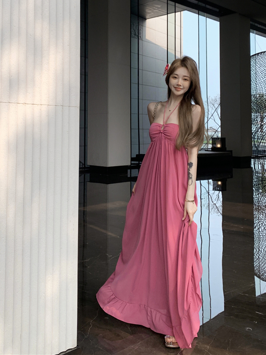 Real shot of retro sexy vacation beach backless temperament long skirt chest pad dress for women