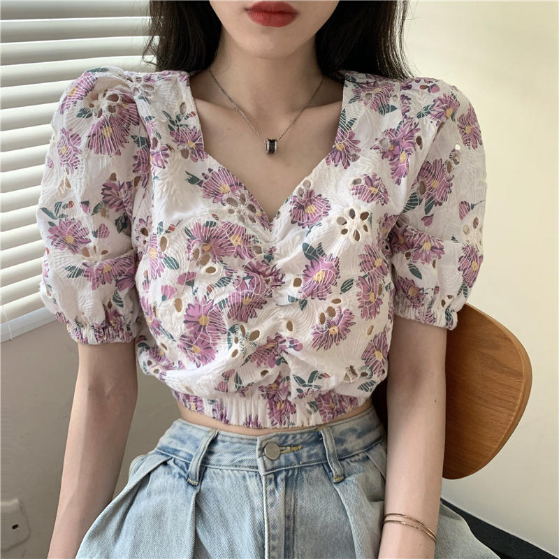 Real shot of summer Korean printed hollow embroidered puff sleeve high-waisted short top