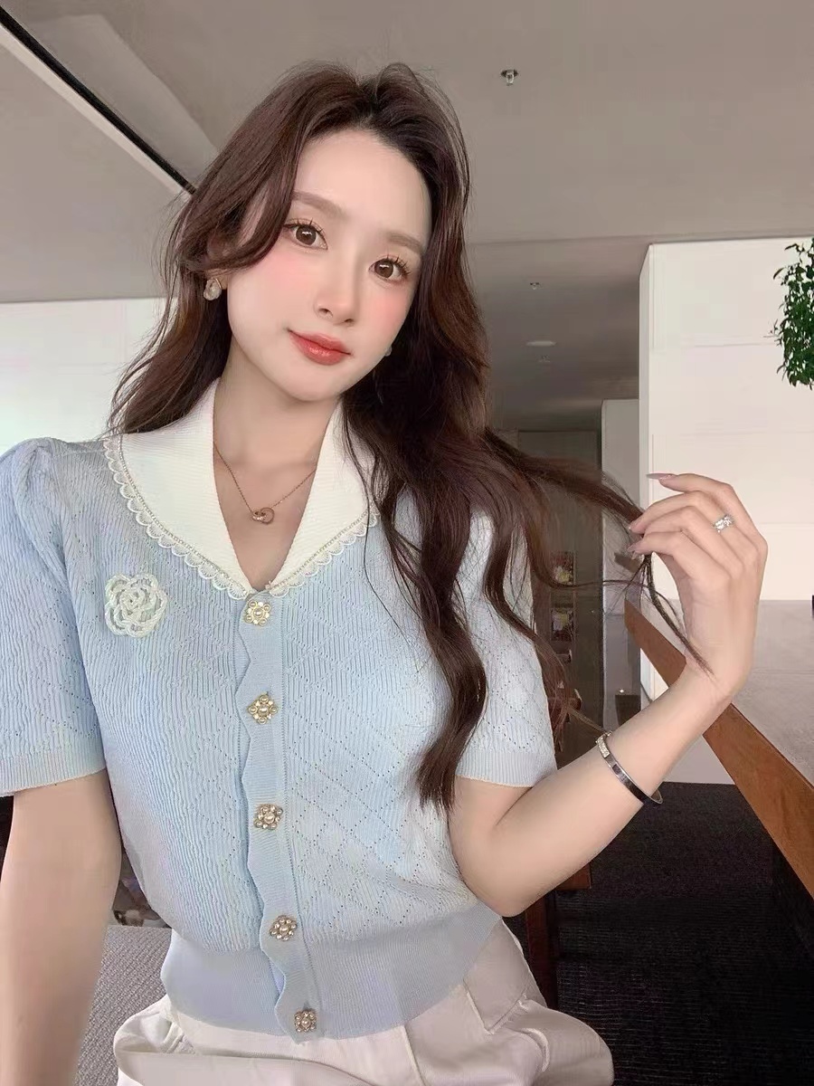 Zhang Xinzi unilady Nanyang Qianjin Xiaoxiang Style Knitted Sweater Women's Short Sleeve Summer New French Top