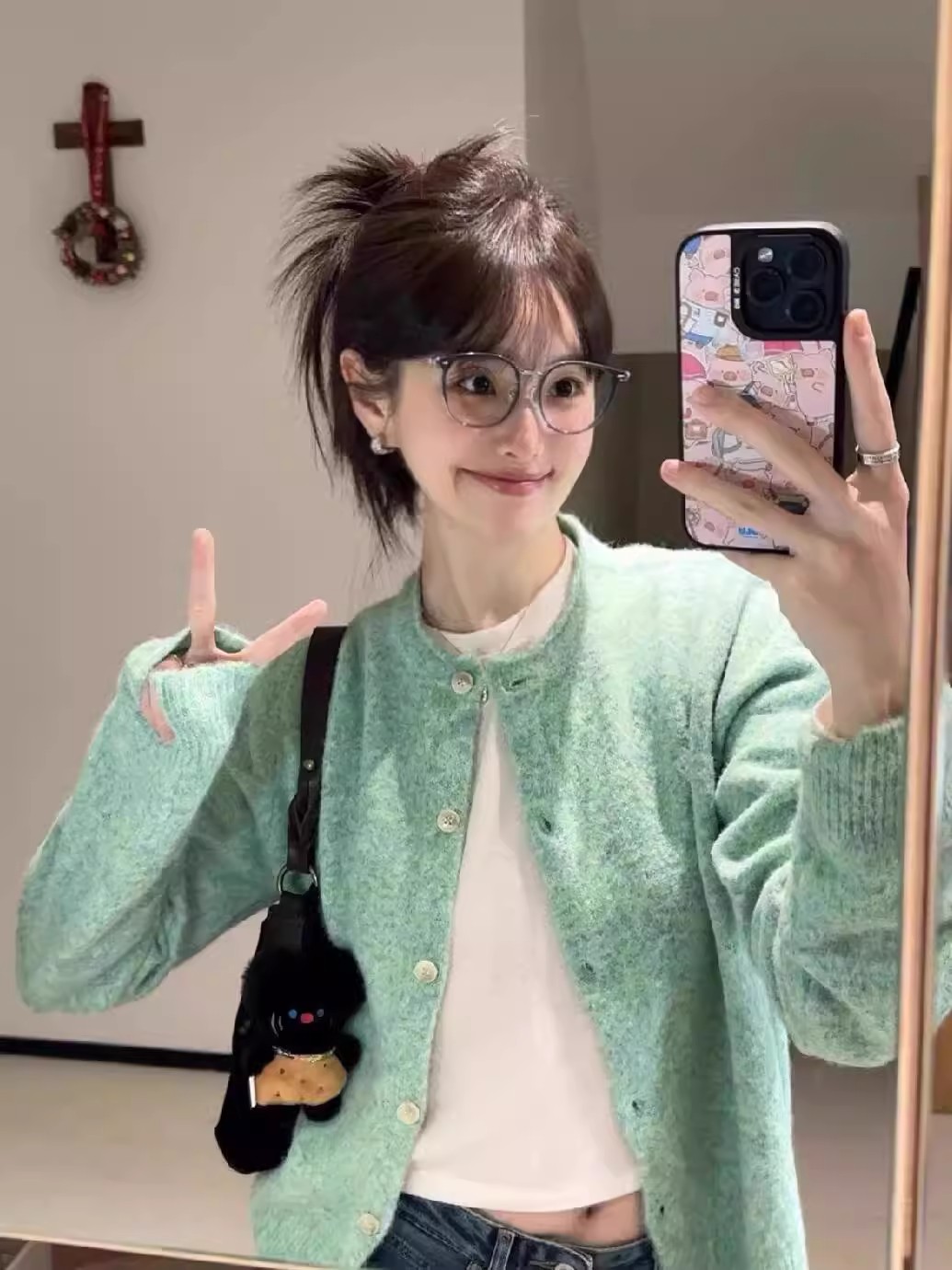 French temperament mint green rolled knitted cardigan sweater jacket for women's spring and autumn soft glutinous green top early spring outerwear