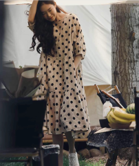 2025 summer large-size cotton and linen elegant French loose five-point sleeve polka dot dress A-line skirt M-4XL200 catties