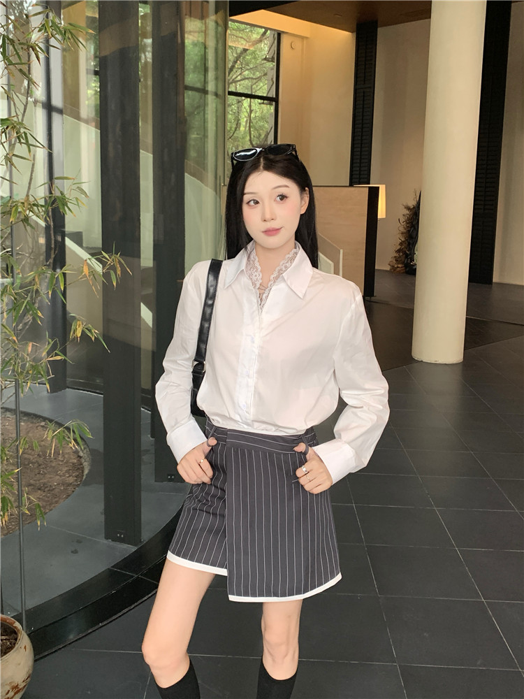 Real shot 2025 new design lace spliced ​​lapel shirt + irregular skirt two-piece set