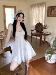 Real shot Korean version of slim and pure hot girl lace suspender waistband tied dress