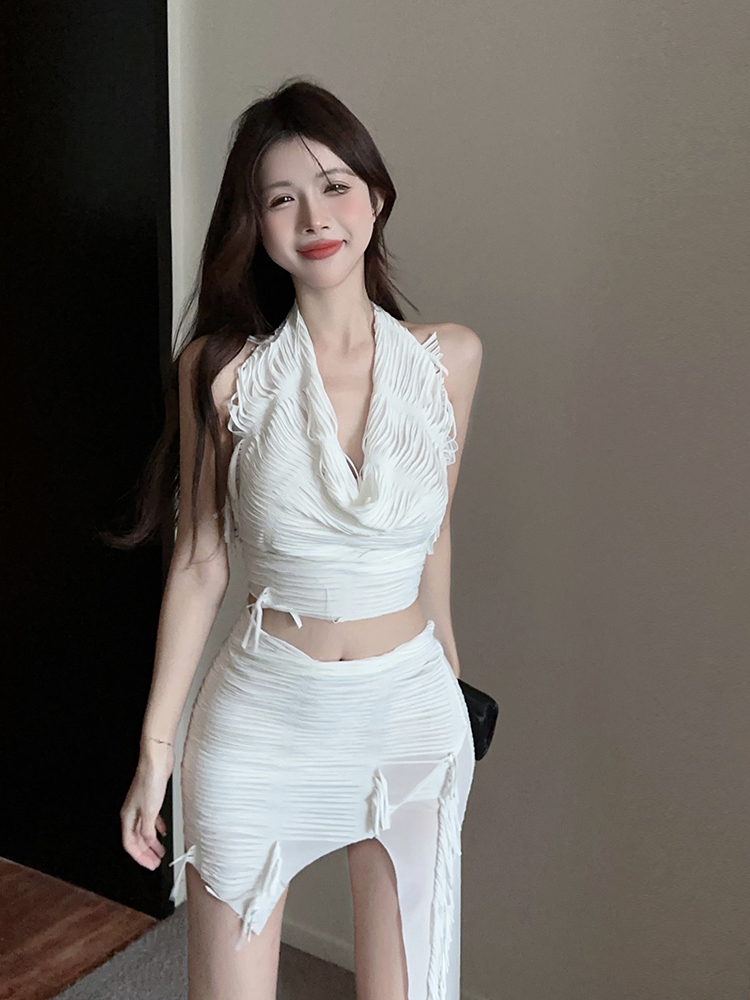 Real shot, neck pleated sleeveless vest + irregular skirt suit two-piece set