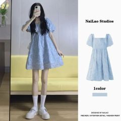 Dopamine new summer French puffy skirt square collar puff sleeve princess skirt fairy dress summer dress