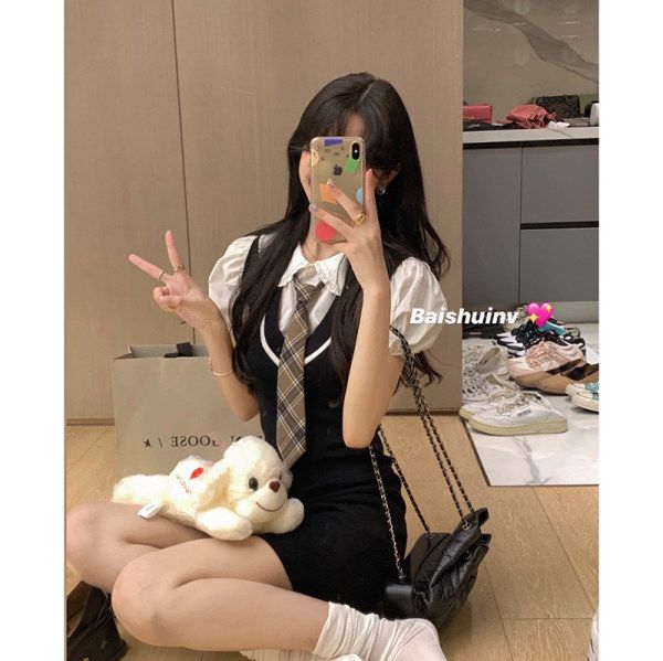 Dress for women summer college style contrasting color edge waist pack hip short skirt puff sleeve fake two-piece skirt