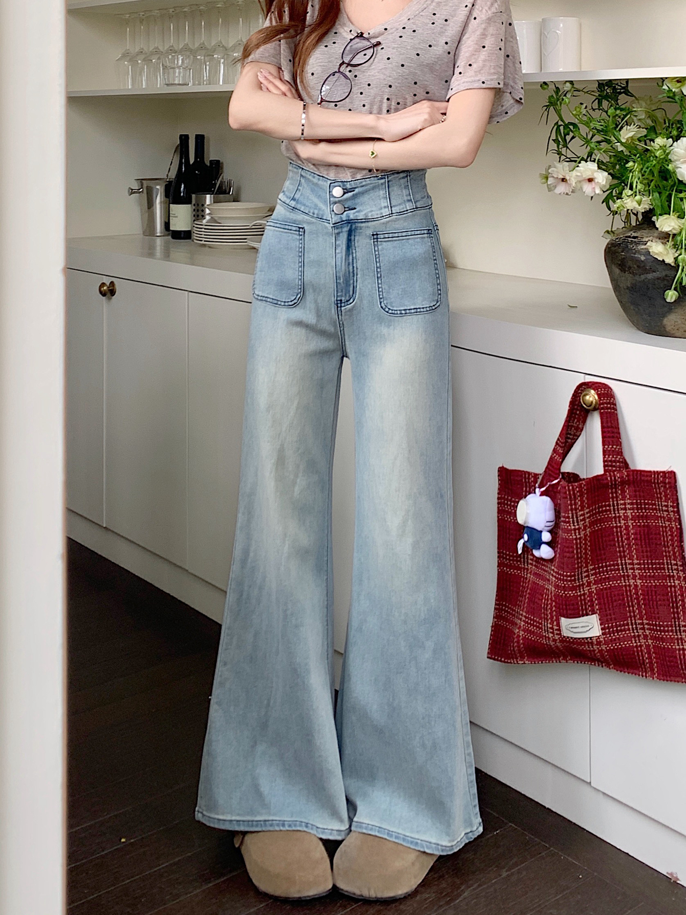 Real shot #high waist straight jeans for women with two buckles design loose wide-leg slightly flared pants