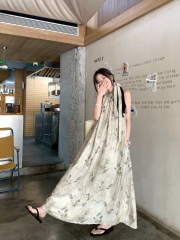 Real shot Korean loose slim mid-length lace-up butterfly vest dress