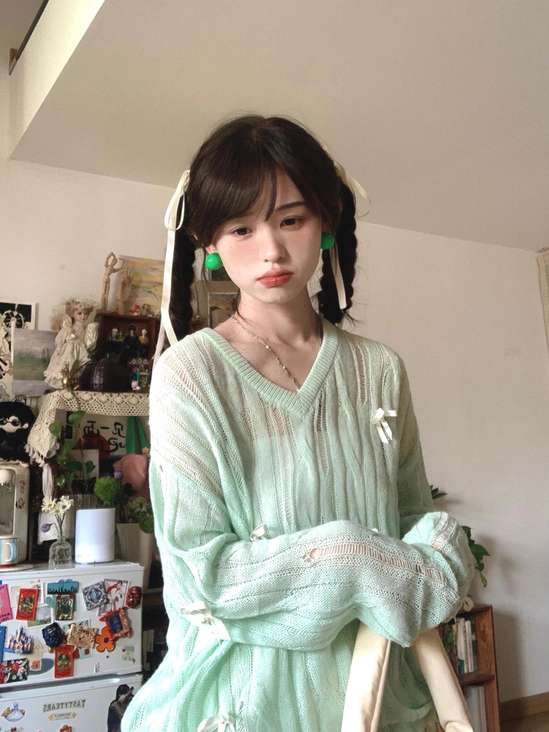 Thin green hollow sunscreen blouse spring and summer women's loose lazy style niche bow knit top