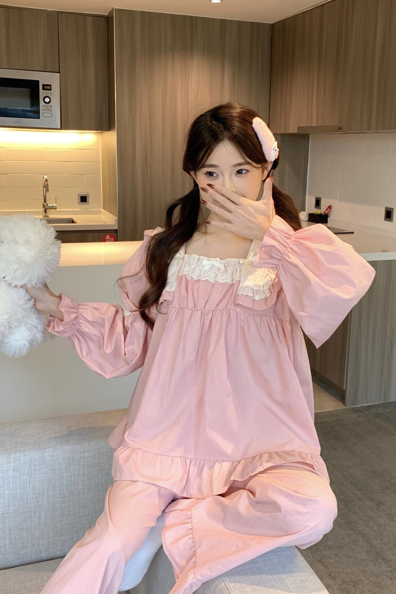 Real shot of Korean version of spring new sweet loose outerwear pure cotton comfortable princess style long sleeve trousers home clothing set