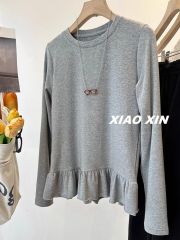 Extra large size 300 kilogram girl's heart ~ Korean design ruffled hem long-sleeved T-shirt for women, versatile base shirt