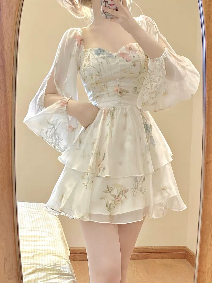 Sunscreen chiffon floral dress for women in summer high-end temperament fairy irregular skirt waist-hugging small short skirt