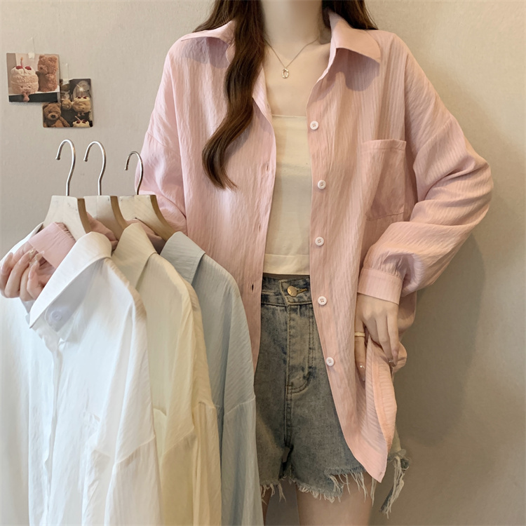 Large size blue long-sleeved shirt for women in spring and autumn thin outerwear shirt retro top