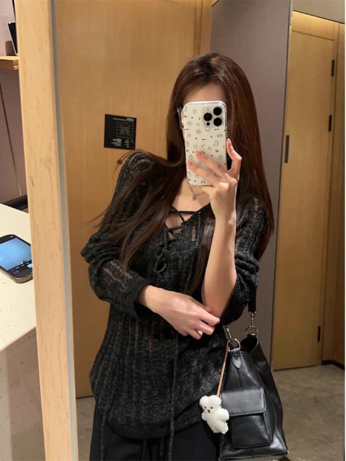 XiaoXi STUDIO Korean hollow V-neck strap top for women's spring design chic long-sleeved knitted sweater
