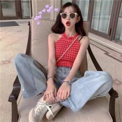 鬼馬少女韓國復古甜美洋氣減齡千鳥格百搭修身掛脖吊帶背心