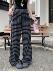 Real shot~ Lazy style striped knitted floor pants for women with versatile casual ins slim drawstring wide-leg straight pants