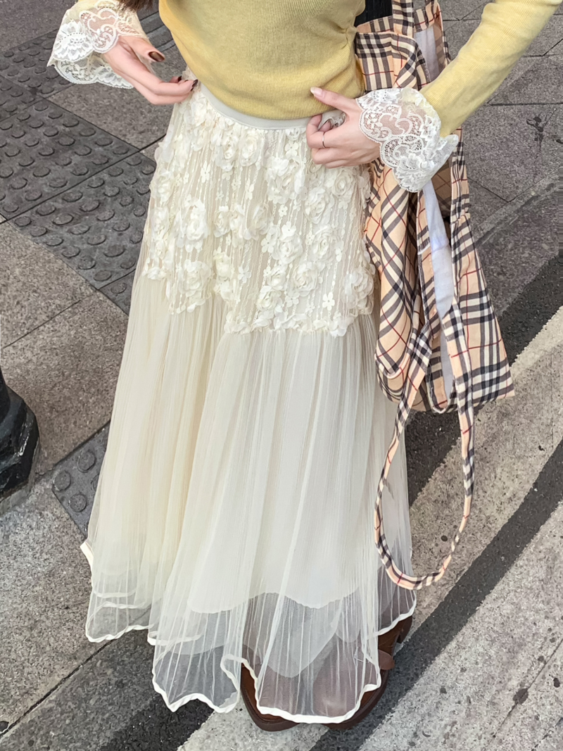 Real photo irregular skirt for women in autumn and winter mid-length umbrella skirt design niche mesh long skirt