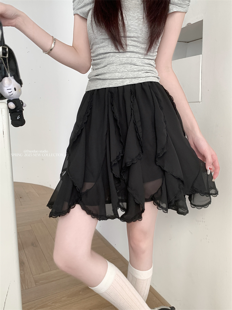Real shot~ Heavy industry lace splicing irregular skirt for women's new high-waisted A-line versatile short skirt