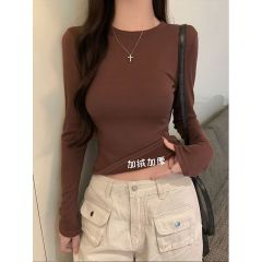 - Fleece Thickened Underwear Warm Long-sleeved T-shirt Women's Winter Slimming Slimming Hooded Round Neck Solid Color Top 