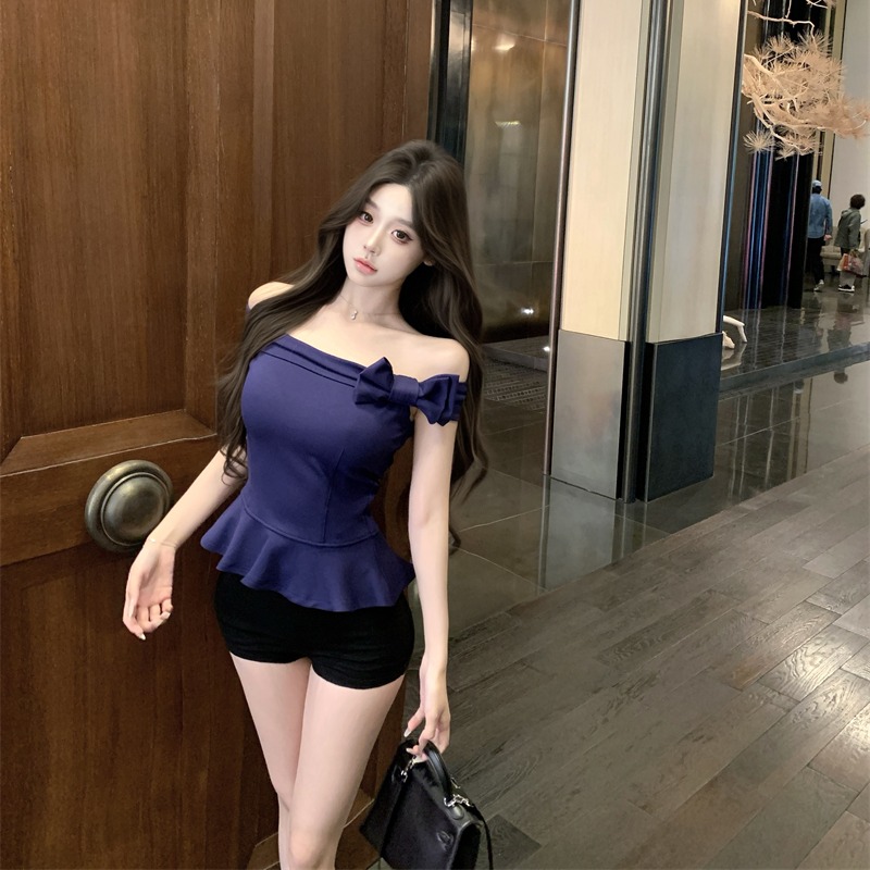 Real shot~ Hand sewn three-dimensional bow one-shoulder top for women's early spring new style
