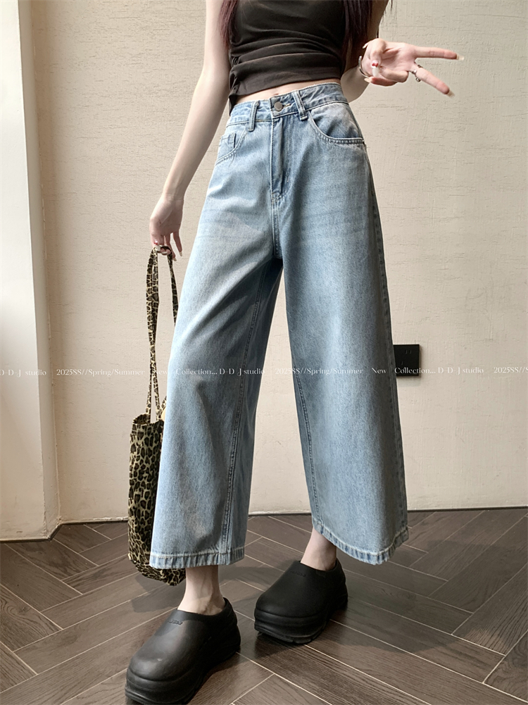 Real shot ~ American retro washing wide-leg jeans for women with high waist slim straight-leg small trousers