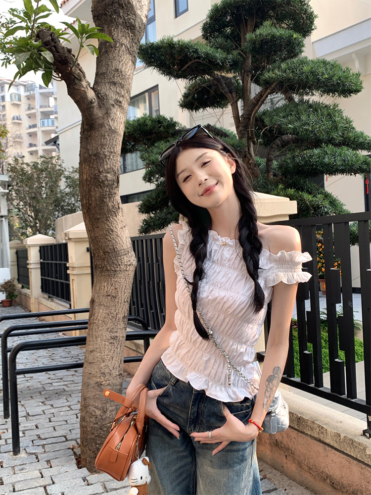 實拍 韓chic斜肩打攬肌理感露肩不規則修身短袖T恤