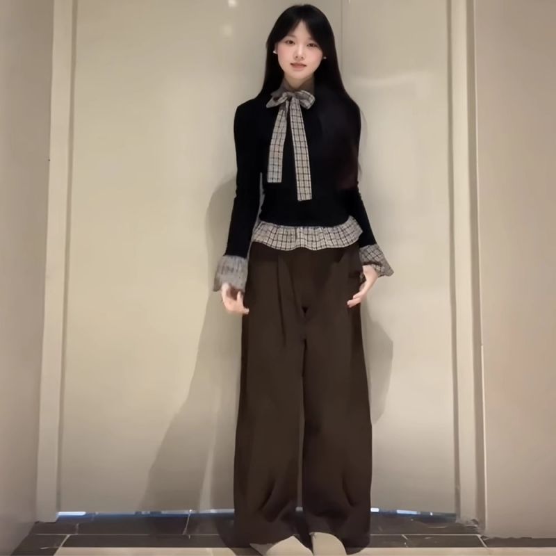 2025年新款黑色系帶格紋拼接假兩件打底衫女洋氣內搭修身長袖T恤