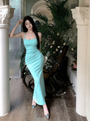 Real shot of retro sexy curves waist-hugging slim fish tail suspender beautiful backpack hip dress for women