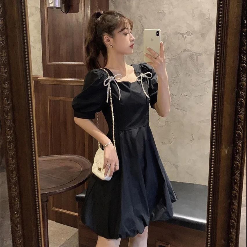 Super fairy white bow square collar puff sleeve dress for women with small summer French first love platycodon style