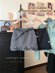 Real shot ~ New gray sweet temperament skirt for women with high waist A-line black ear buds A-line short skirt