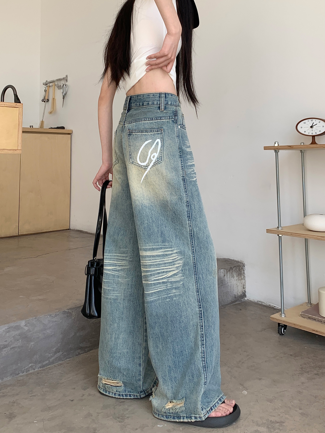 Real shot #rear bag printed jeans trousers for women's trousers with ripped legs design loose wide-leg straight-leg floor trousers