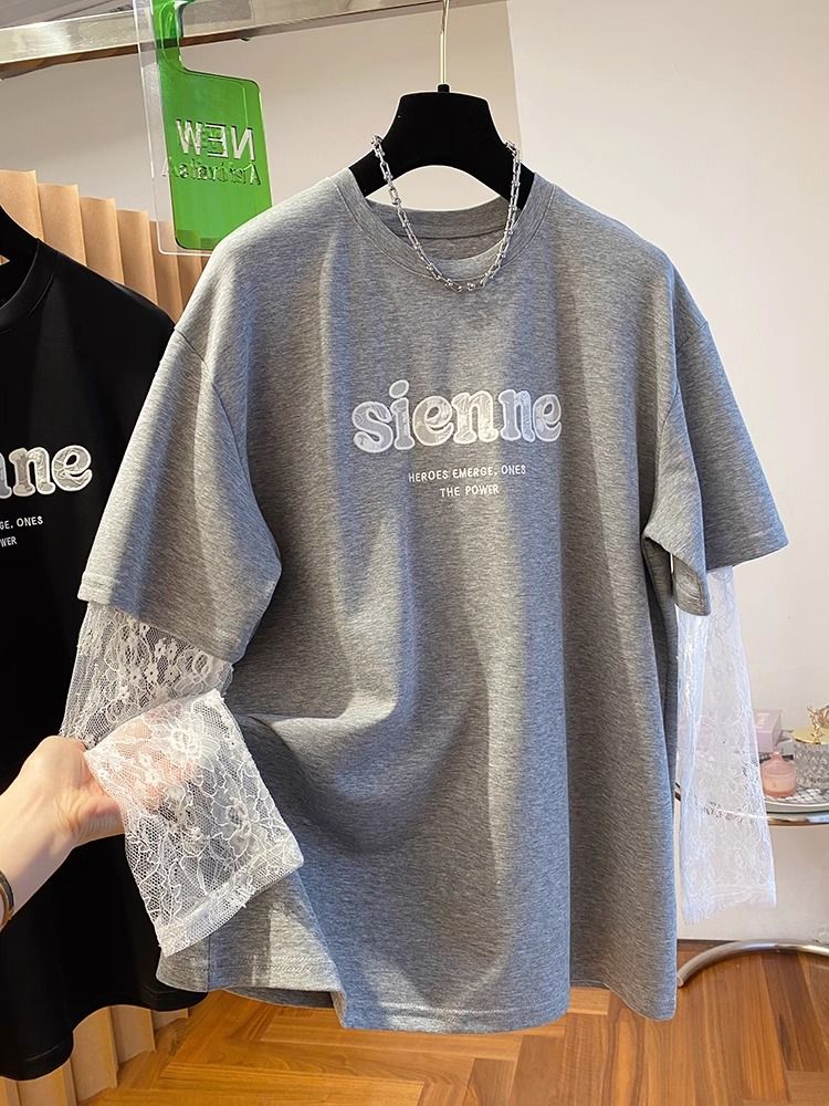 Extra large size 300 catties high-end lace sleeve splicing T-shirt for women long sleeves loose versatile fashionable base shirt top spring