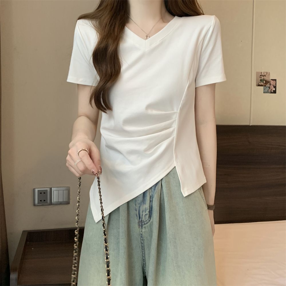 實拍  40支純棉210克92棉/8氨綸褶皺收腰短袖T恤女