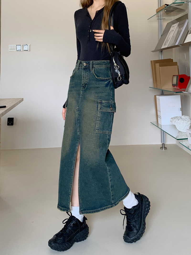 Real shot 2025 spring skirt Korean style denim work skirt mid skirt loose a line elastic denim skirt