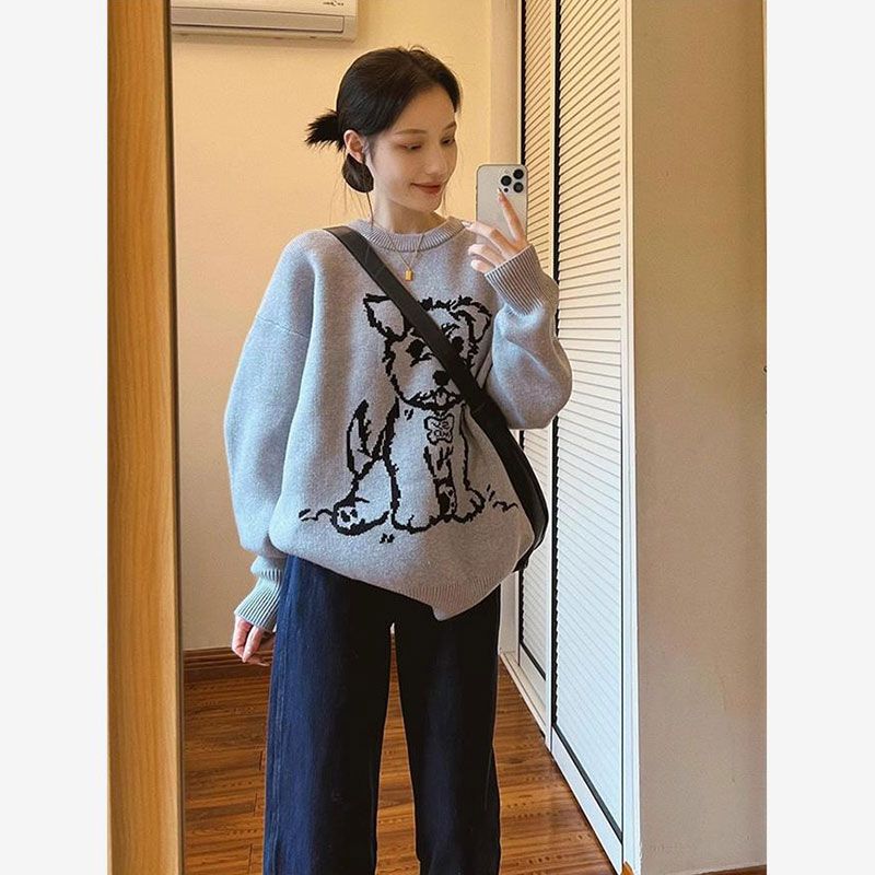 Lazy style relaxed sweater for women cartoon cute jacquard pullover Korean autumn and winter new soft and glutinous sweater top