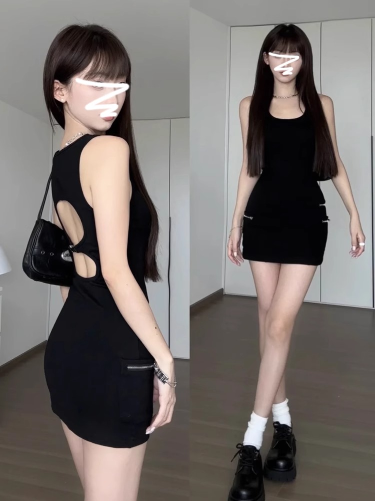 Summer black backless suspender dress for women 2025 new design niche French temperament hip-covered skirt