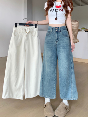 Real shot #New loose jeans for women's retro wash two-button straight wide-leg nine-point pants