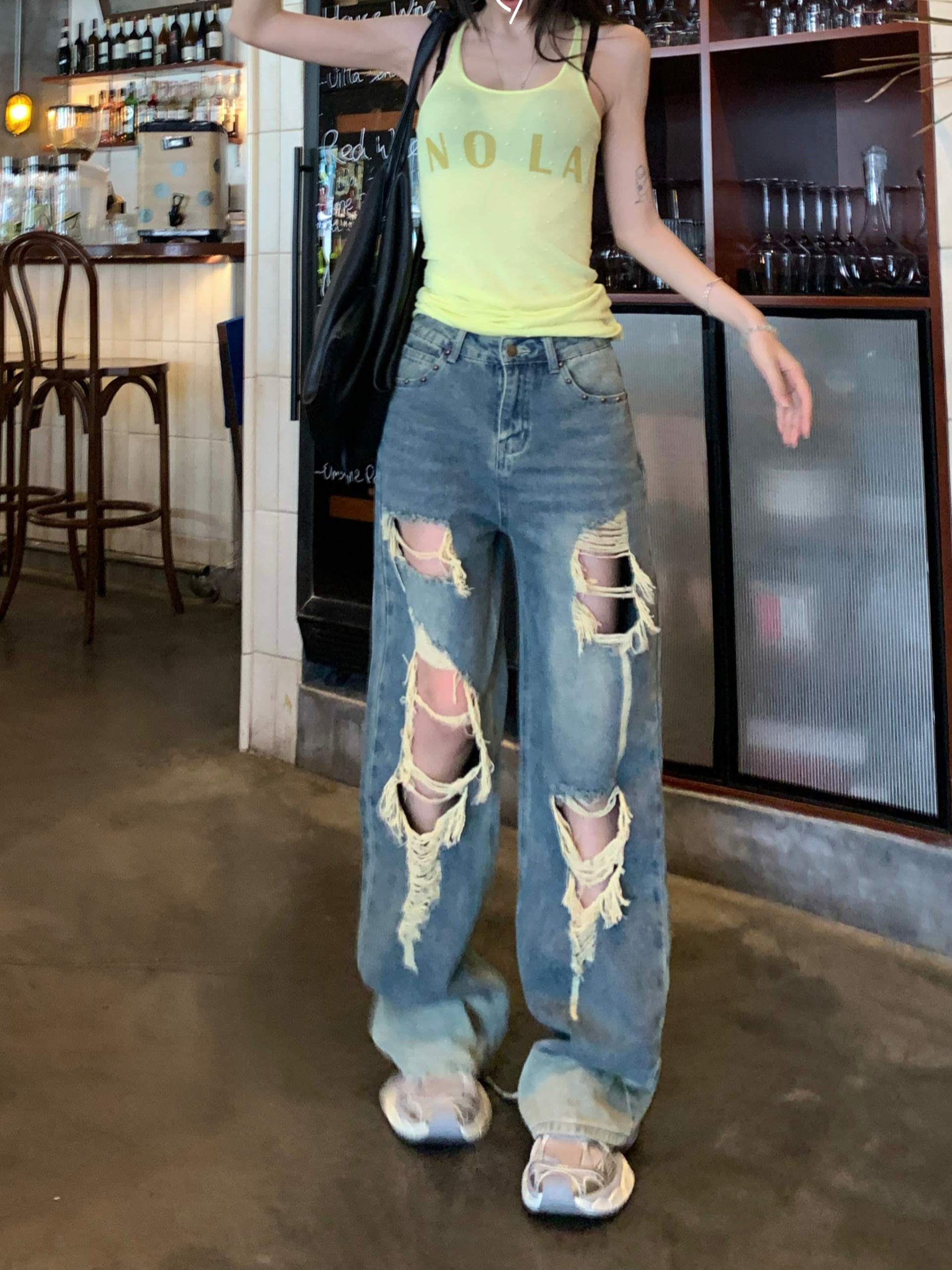 Real shot!  Fashionable ripped jeans for women, draped slim and tassel design, loose wide-leg pants, long trousers