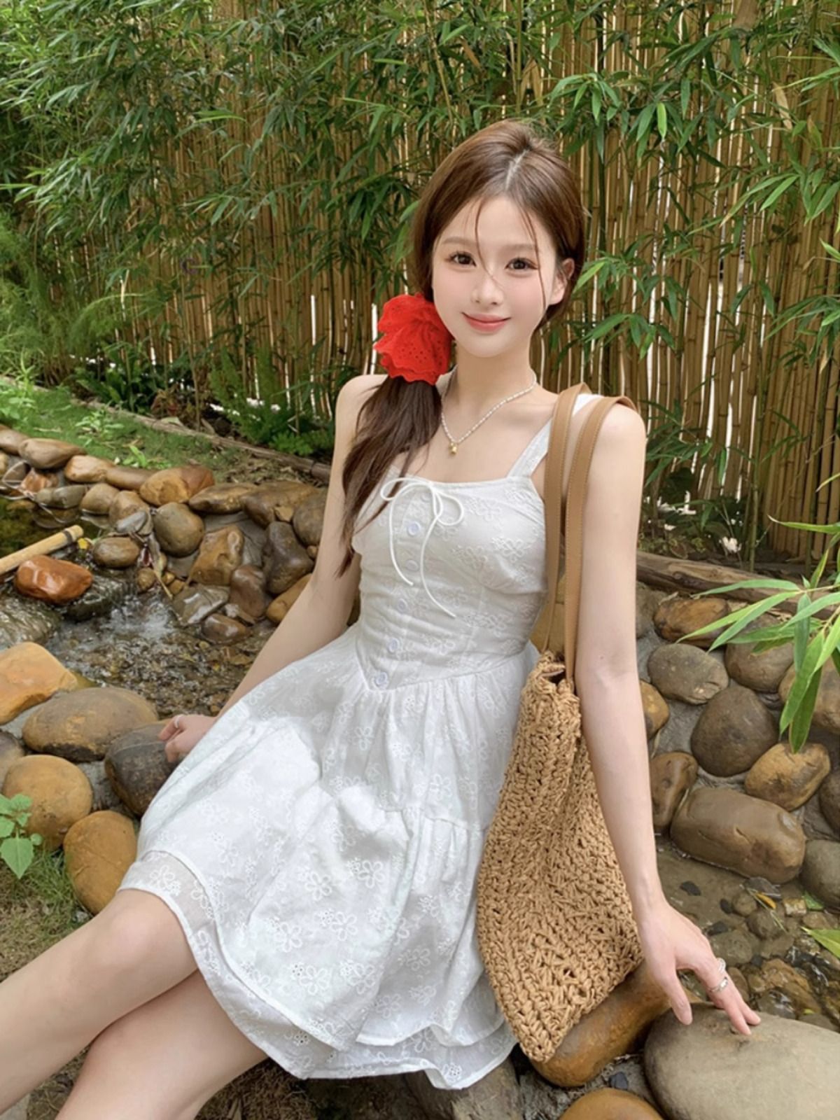 Sweet milk escape princess puffy skirt summer small French first love gentle style white suspender dress women