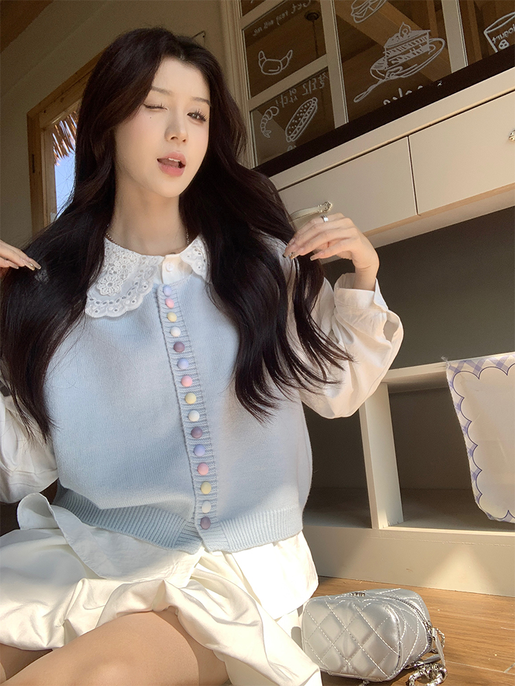 Photographed Korean chic spring minimalist fashionable set with colored buttons vest + floral collar shirt