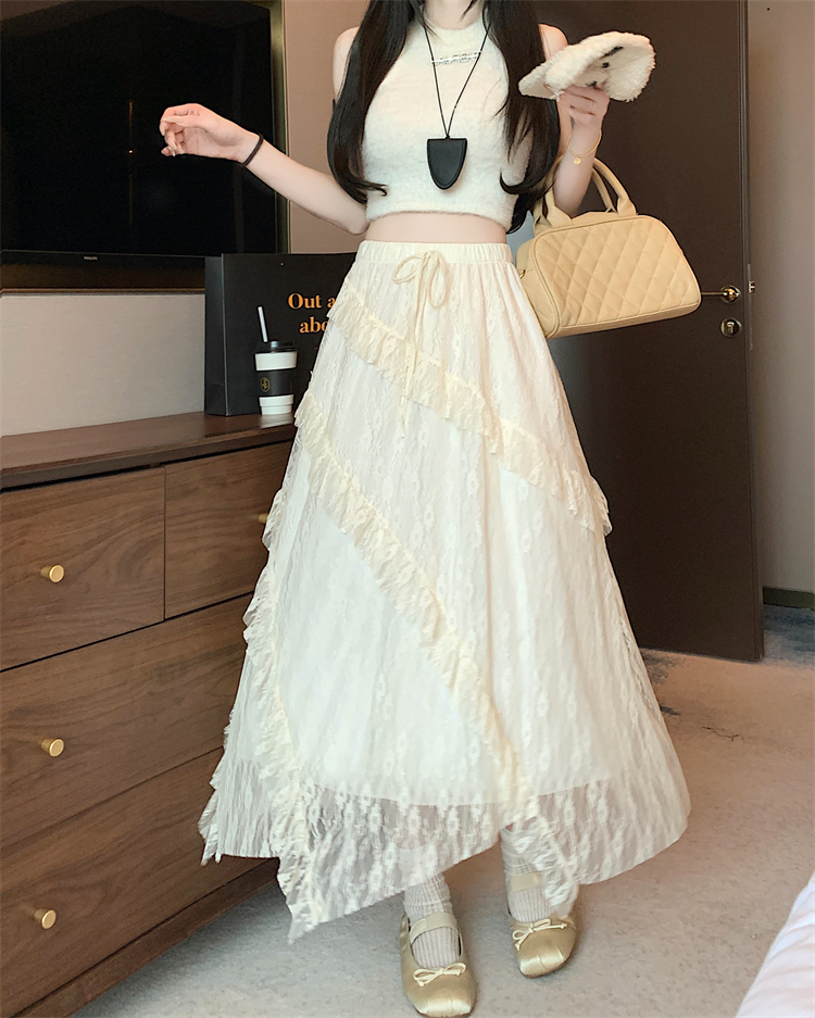 Real shot~White irregular lace spliced ​​skirt for women's new high-waisted A-line gentle style long skirt