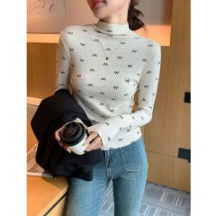 2025半高領洋氣內搭打底衫修身上衣秋季顯瘦蝴蝶結碎花長袖T恤女