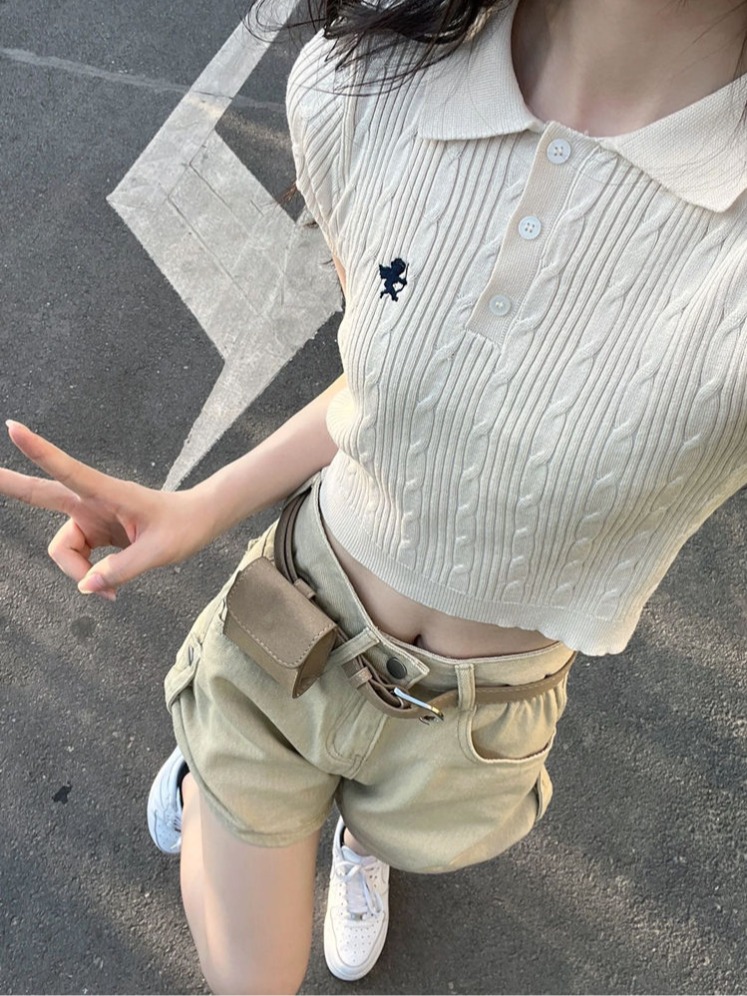 POLO neck embroidered sweater women's summer new retro hot girl short slim short sleeve navel grey top