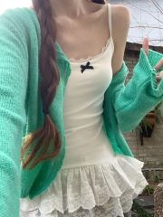 Korean dopamine loose long-sleeved sweater lace suspender vest in autumn and summer fashion two-piece set