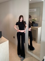 Real shot, slim and slim knitted suit, simple casual short-sleeved T-shirt, straps, flared pants, two-piece set