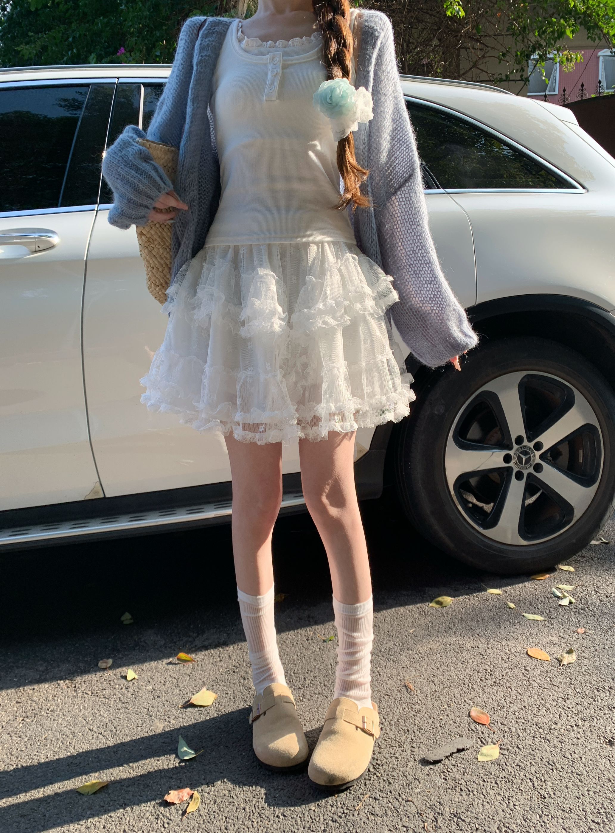 Real shot of lace mesh short skirt for women with high waist A-line multi-layer lace fluffy skirt