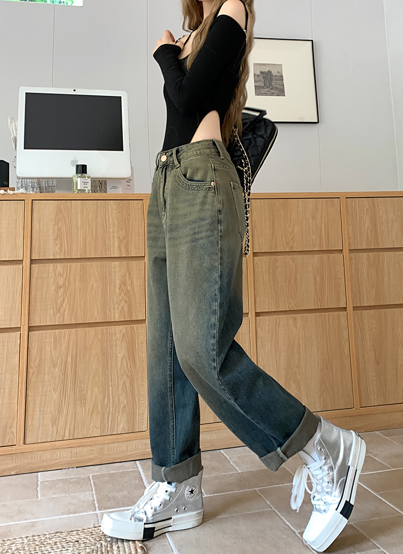 Real photo of 2025 spring yellow mud jeans high-waisted retro American water-style old draped straight pants
